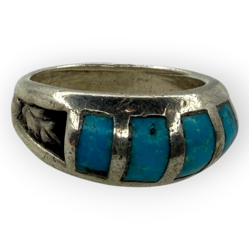 Vintage Ring Sterling Silver 925 Size 7.75 Turquoise Inlay Southwestern